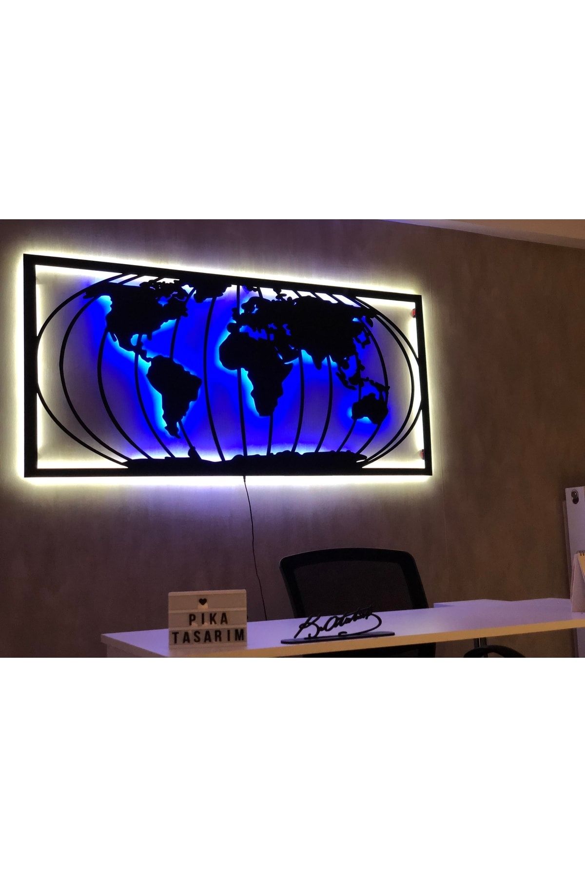 Pika Tasarım World Map Led Işıklı Dekoratif Tablo
