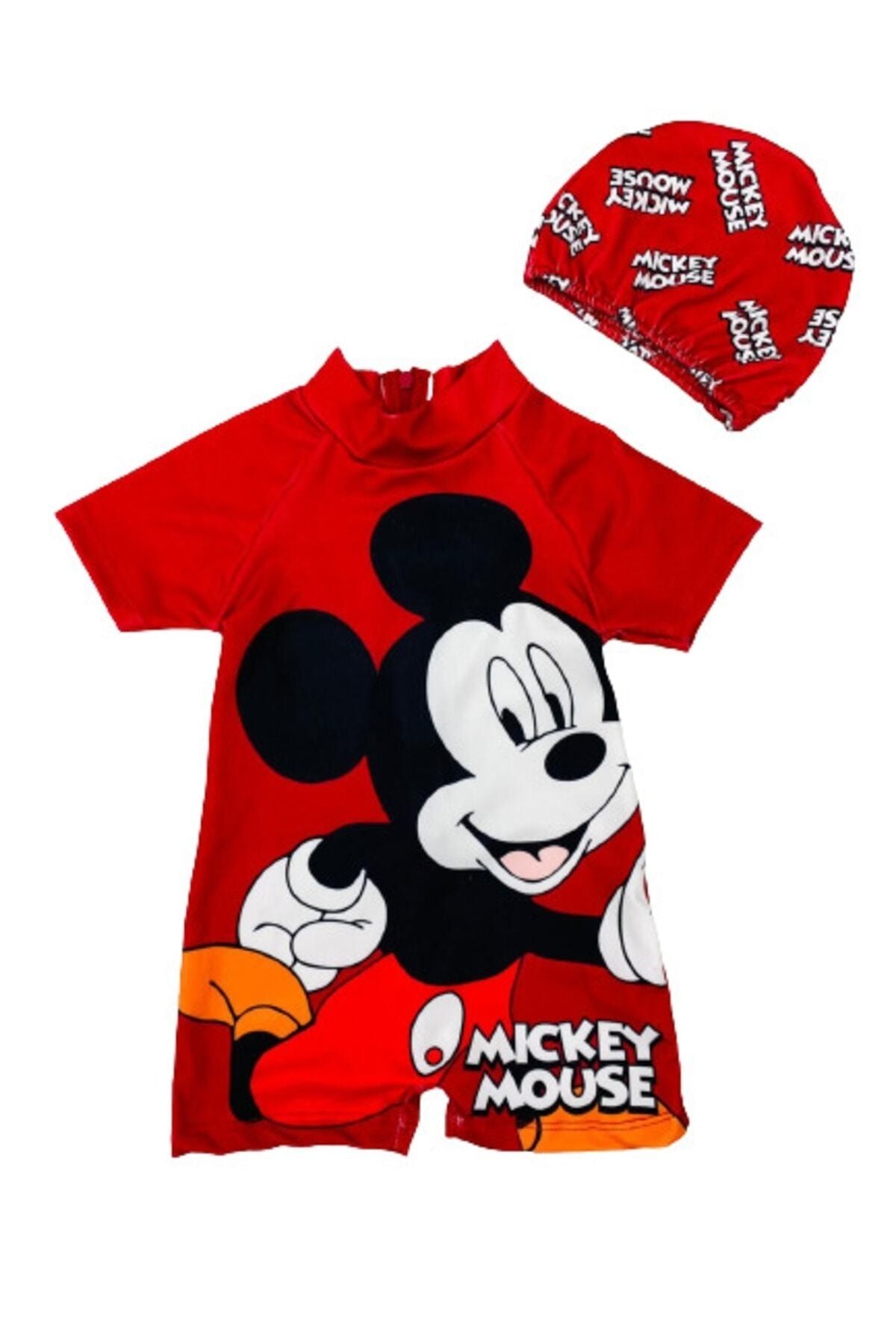 Lolliboomkids Kız Erkek Çocuk / Unisex Kırmızı Mickey Temalı Hassas Ten Kısa Kol Hipster Mayo Bone Seti 2022