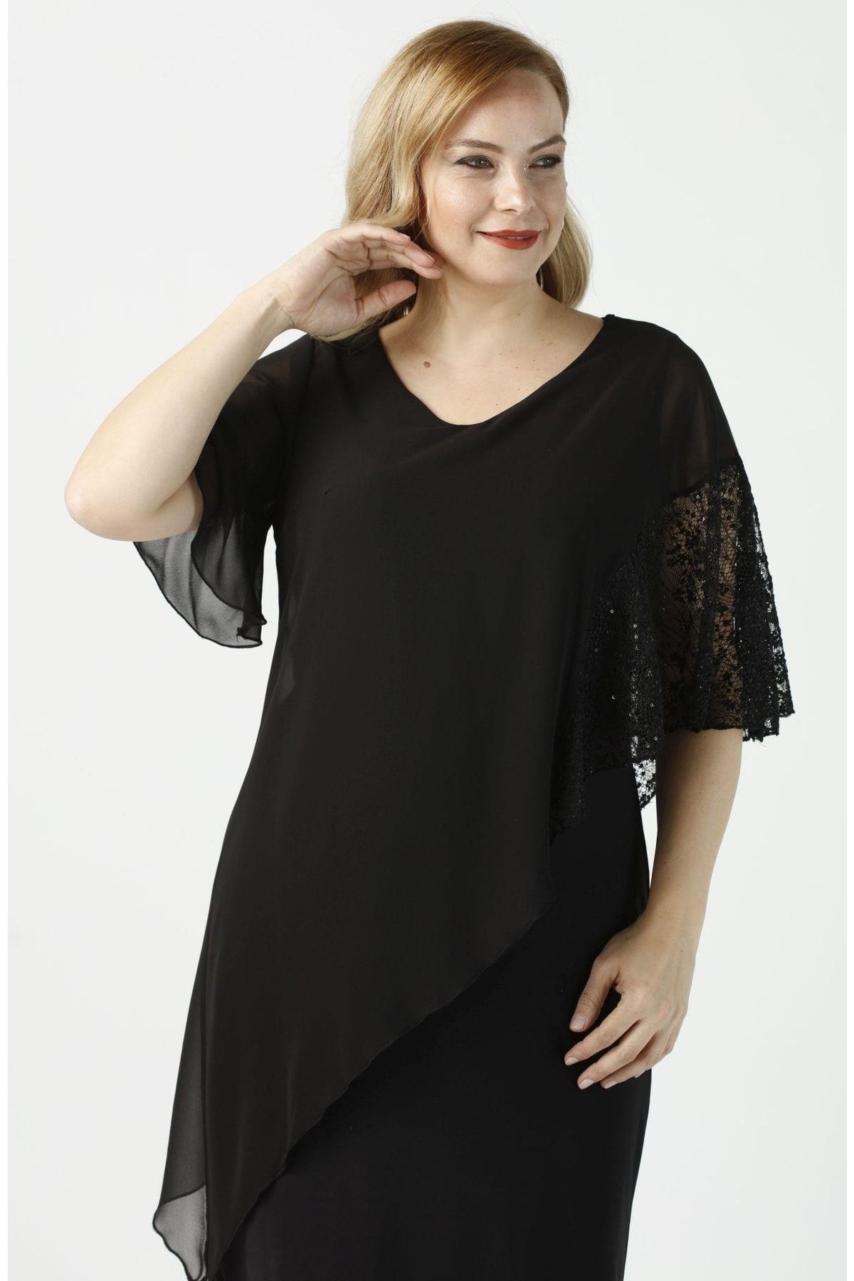 Moda Berray 4051 Siyah Pelerinli Esnek Kumaş Büyük Beden Elbise
