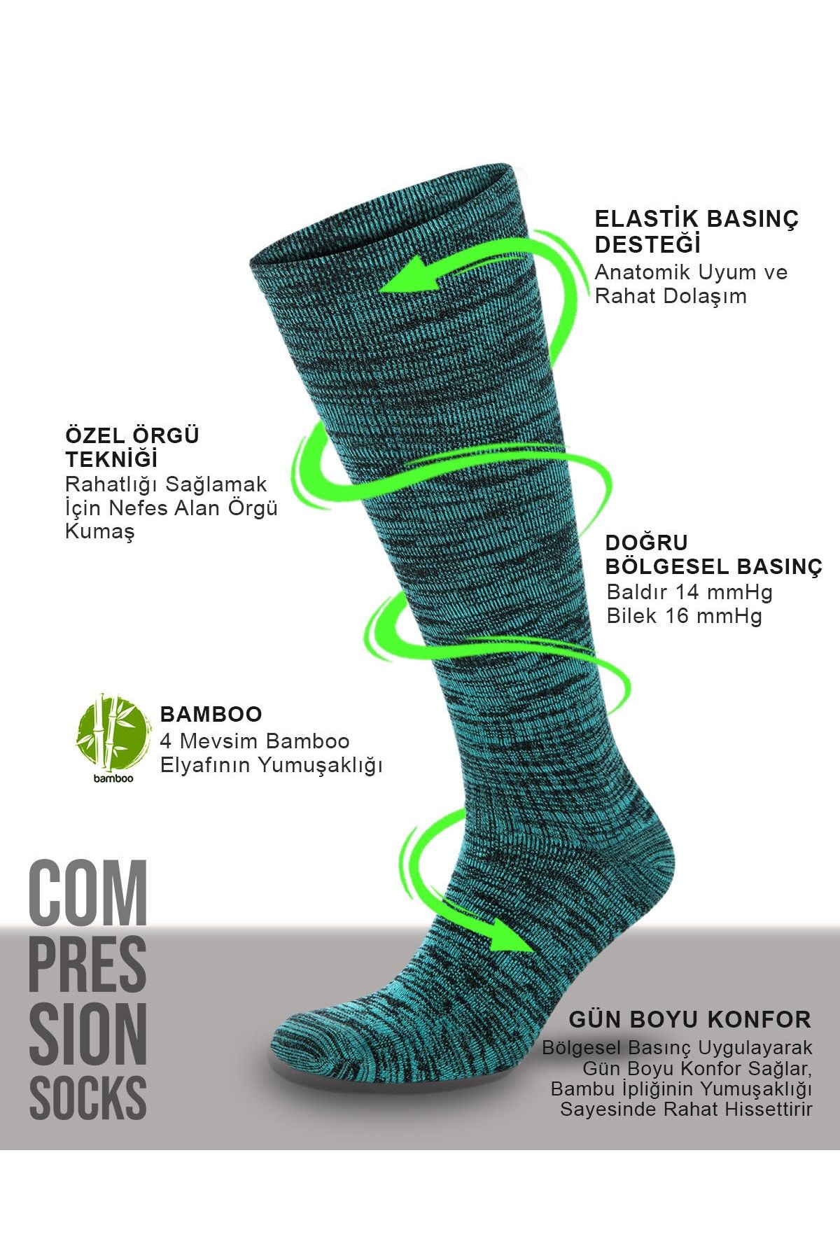 BULG Bambu Turkuaz Muline Renk Kompresyon Çorabı Özel Basınçlı