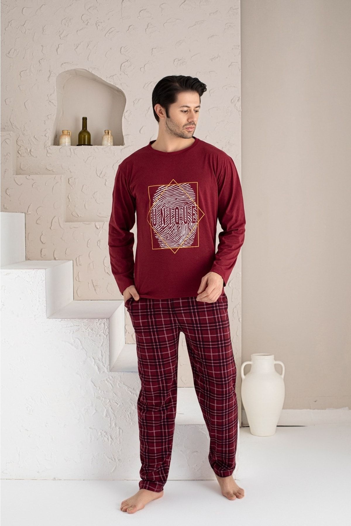 sebura Erkek Ekose Desenli Uzun Kollu Sıfır Yaka Pijama Takımı Süper Rahatlık