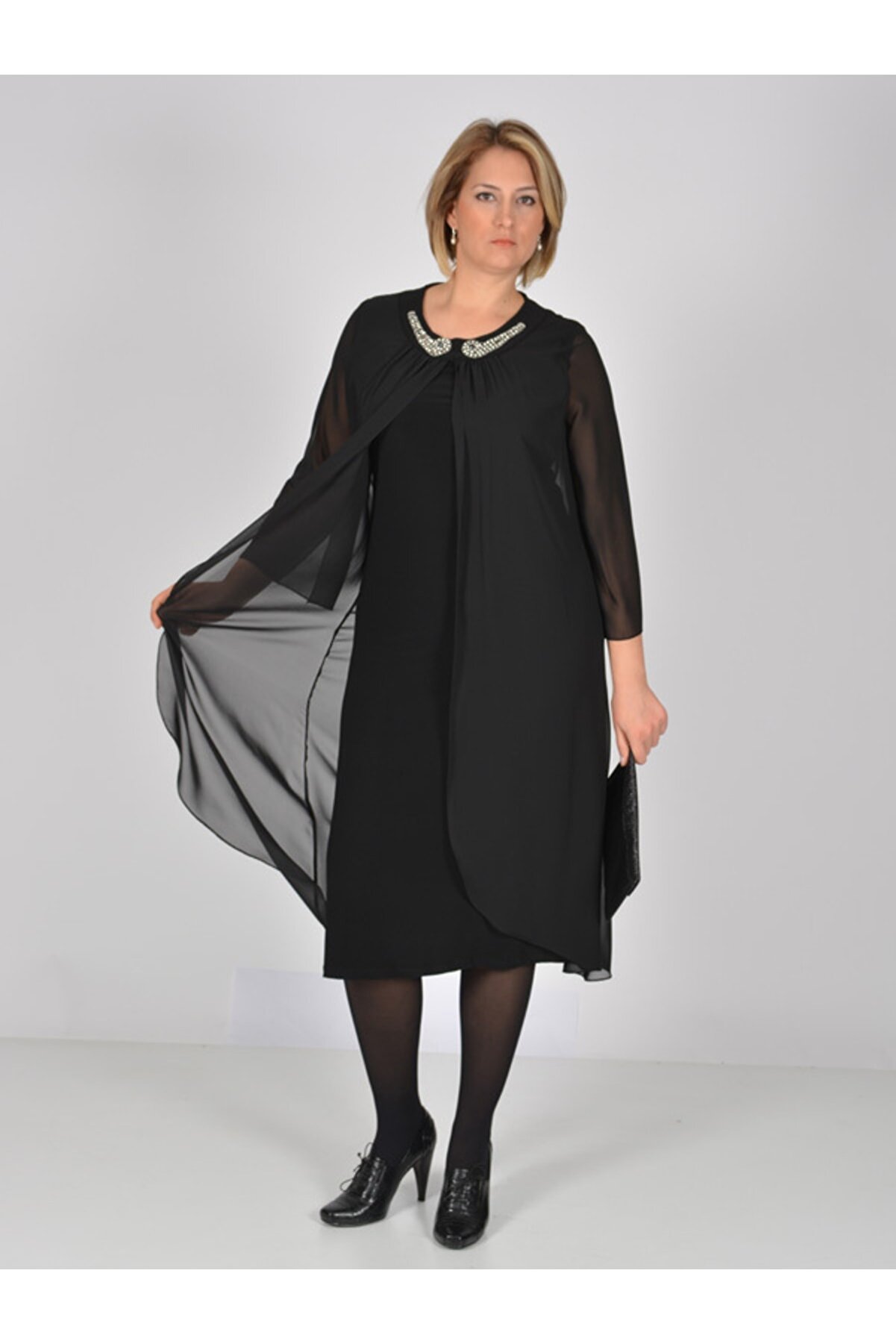 Nidya Moda Kadın Siyah Üst Şifon Abiye Elbise 4037S