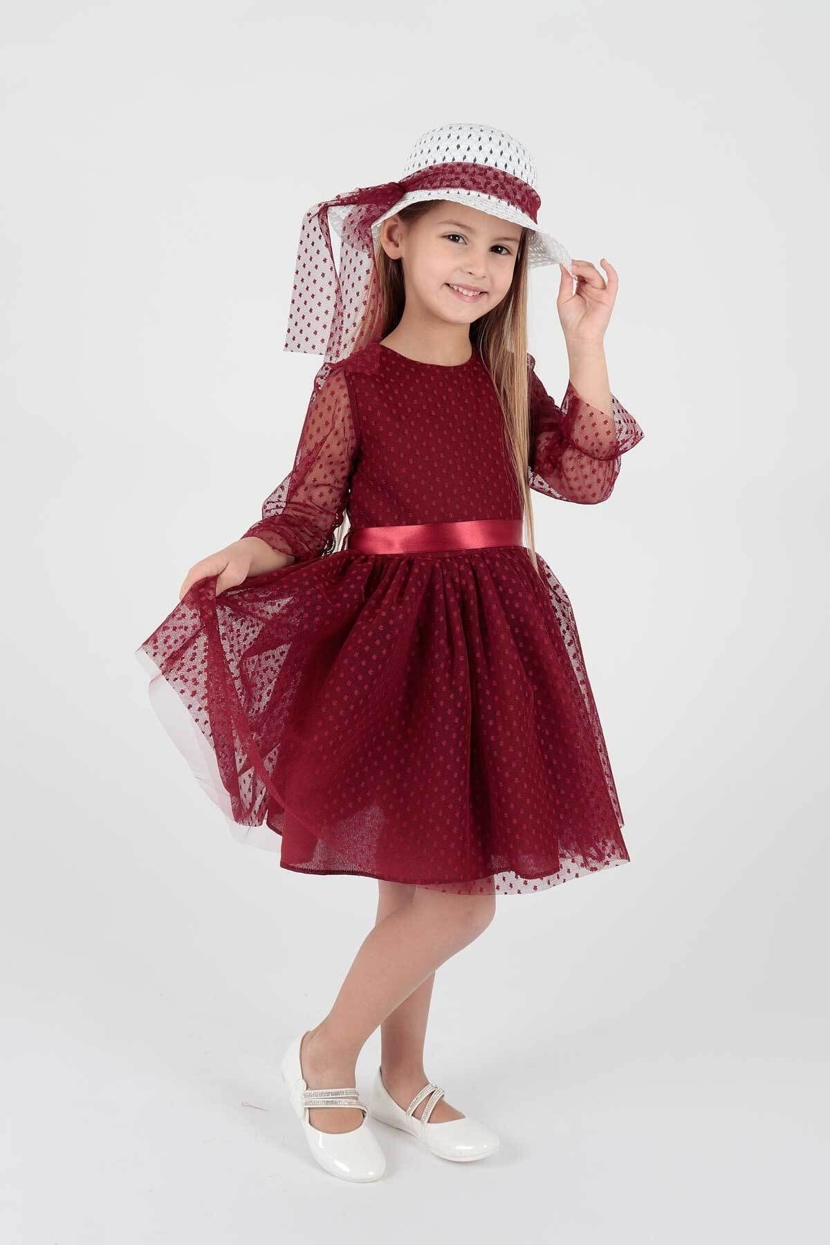 AHENGİM Kız Çocuk Şapkalı Ve Tül Dantel Trend Abiye Elbise Ak2228