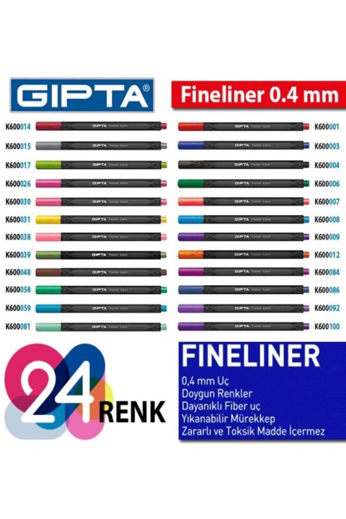 Gıpta Fineliner Kalem 0,4 Mm - Üçgen Gövde Set 24 Adet +kalem Çantası Hediye