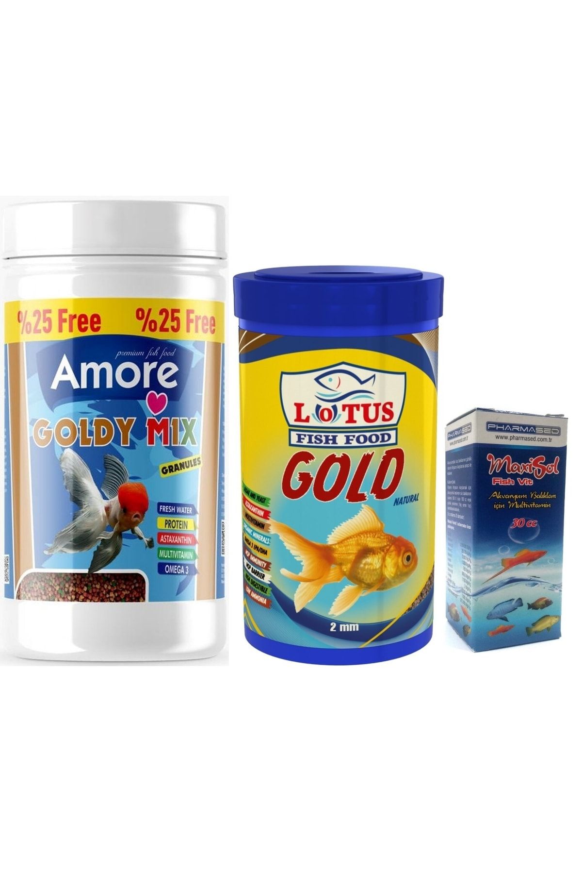 AMORE Goldy Mix Granules Ve Gold Naturel 125ml + 100ml Japon Balık Yemi Ve Vitamini