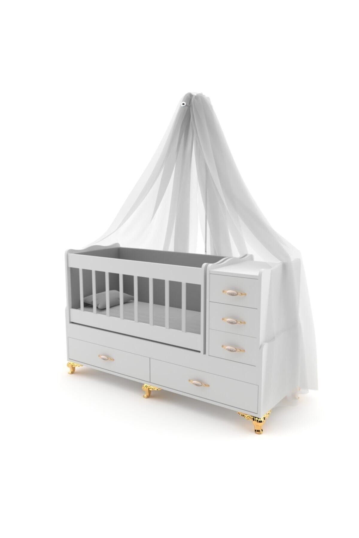 Bygolden Unisex Çocuk Gri  Avangard Gold 5 Çekmeceli Bebek Beşiği Seti (beşik+yatak+uyku Seti+cibinlik Seti)