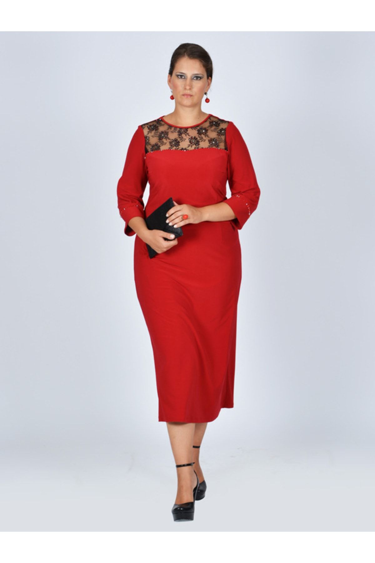 Nidya Moda Kadın Kırmızı Roba Dantel Taşlı Abiye Elbise 4025k
