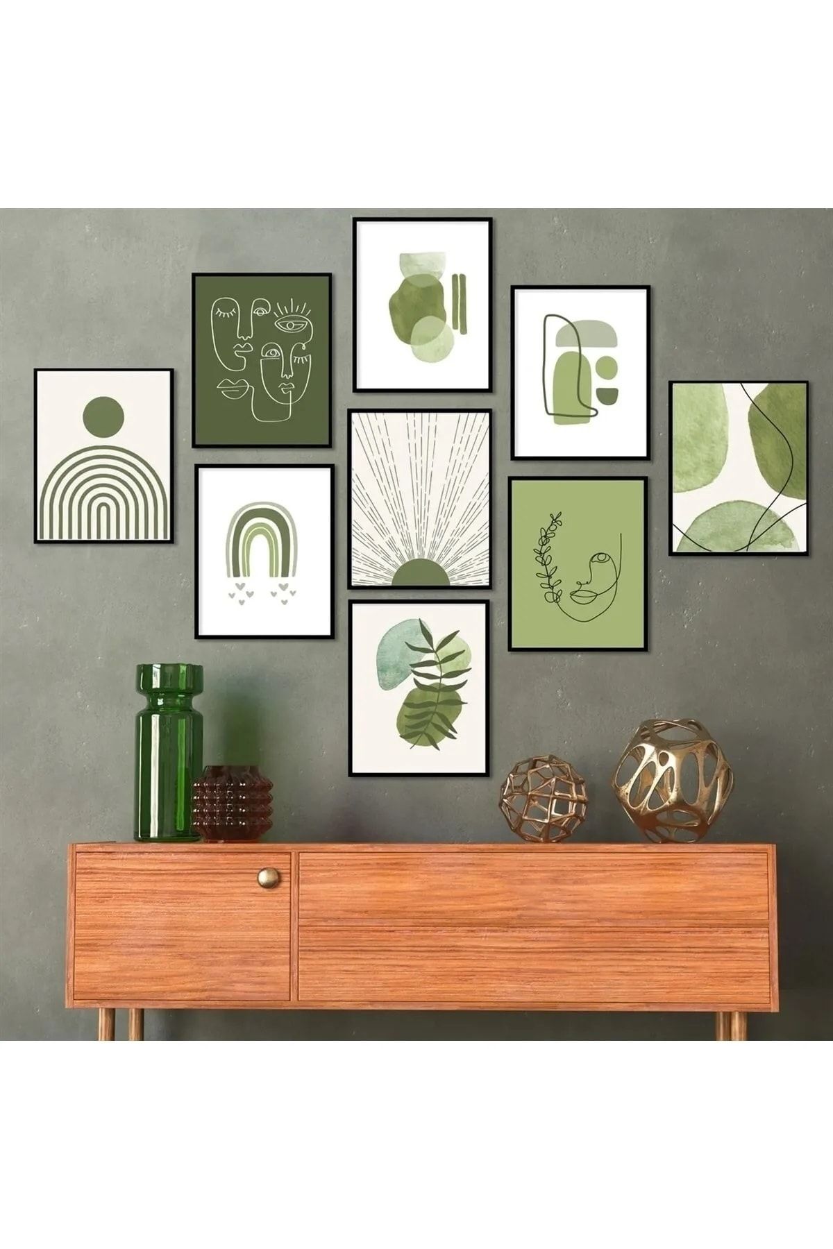 NT Handmade 9 Parça Çerçeve Görünümlü Yeşil Desenler Duvar Dekoru Salon Yatak Odası Mutfak Için Tablo Seti