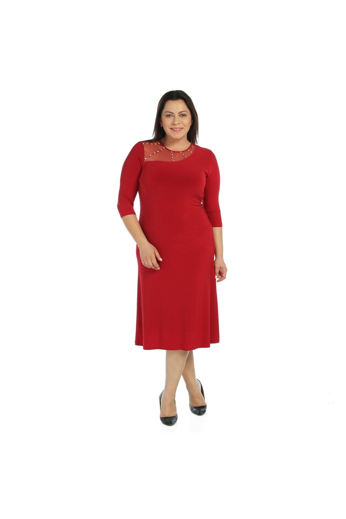 Nidya Moda Kadın Kırmızı Taş İşleme Tül Kombin Abiye Elbise 4089K
