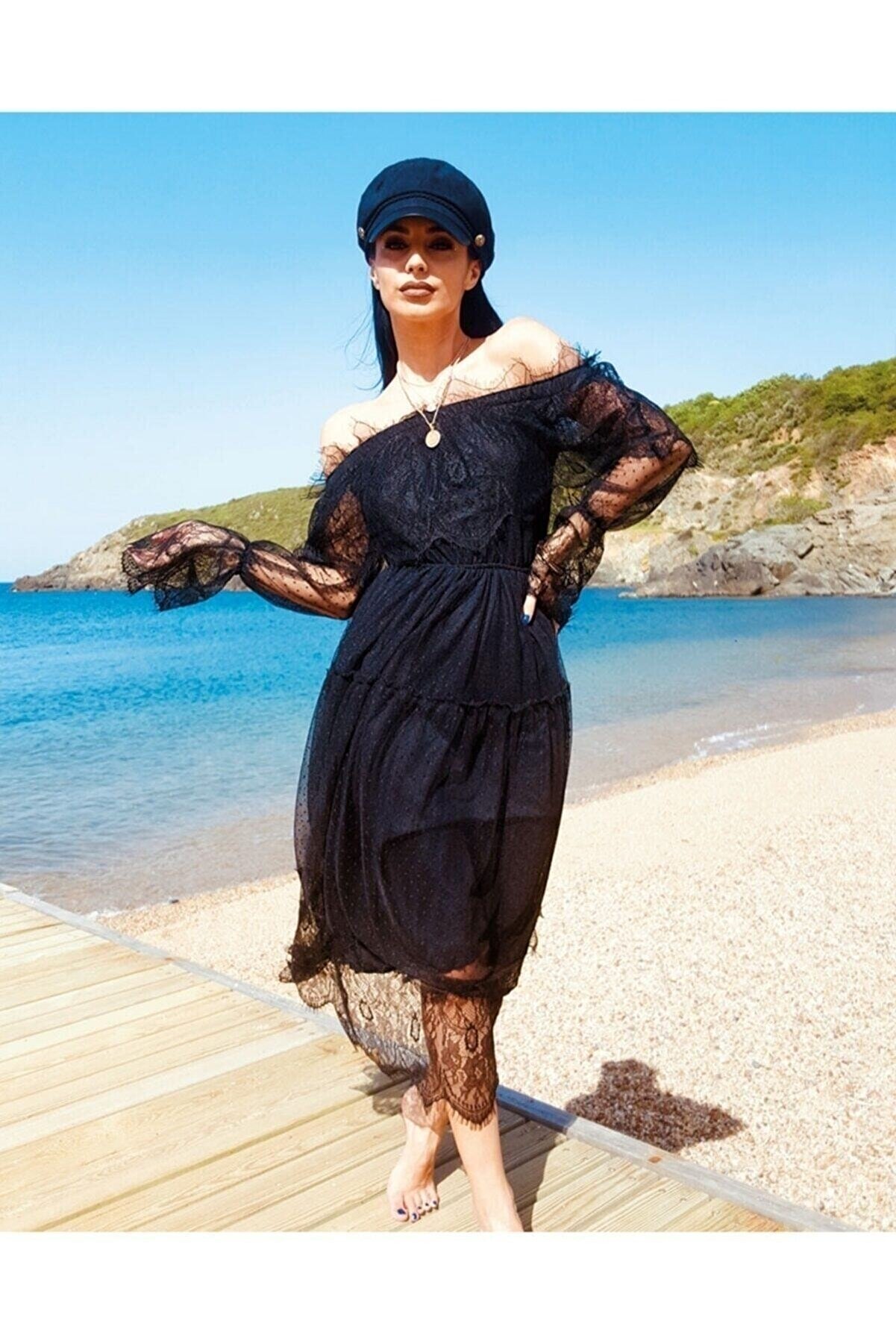 Fashion Fox Kadın Siyah Madonna Mevlid Kına Nişan Dantel Elbise 9369