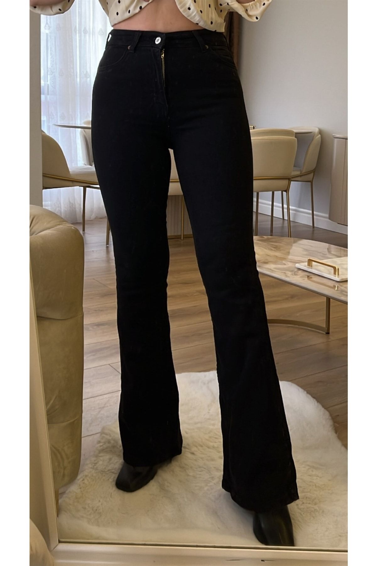 LİMABEL Siyah Yüksek Bel Ispanyol Paça Pantolon Likralı Rahat Giyim Jeans