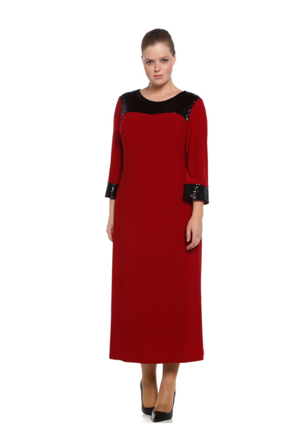 Nidya Moda Büyük Beden Kırmızı Roba Manşet Pullu Payet Abiye Elbise-4056k