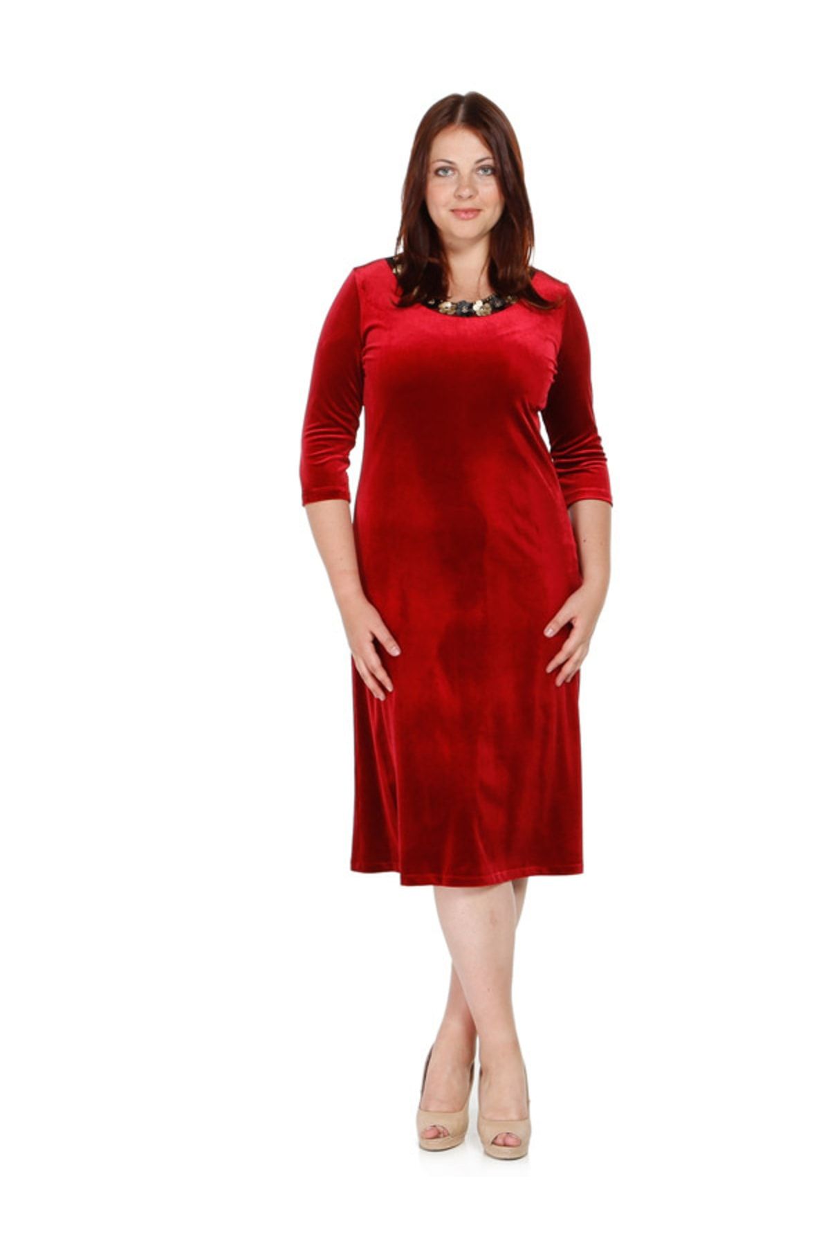 Nidya Moda Kadın Kırmızı Bahar Yaka Kadife Abiye Elbise 4076AK