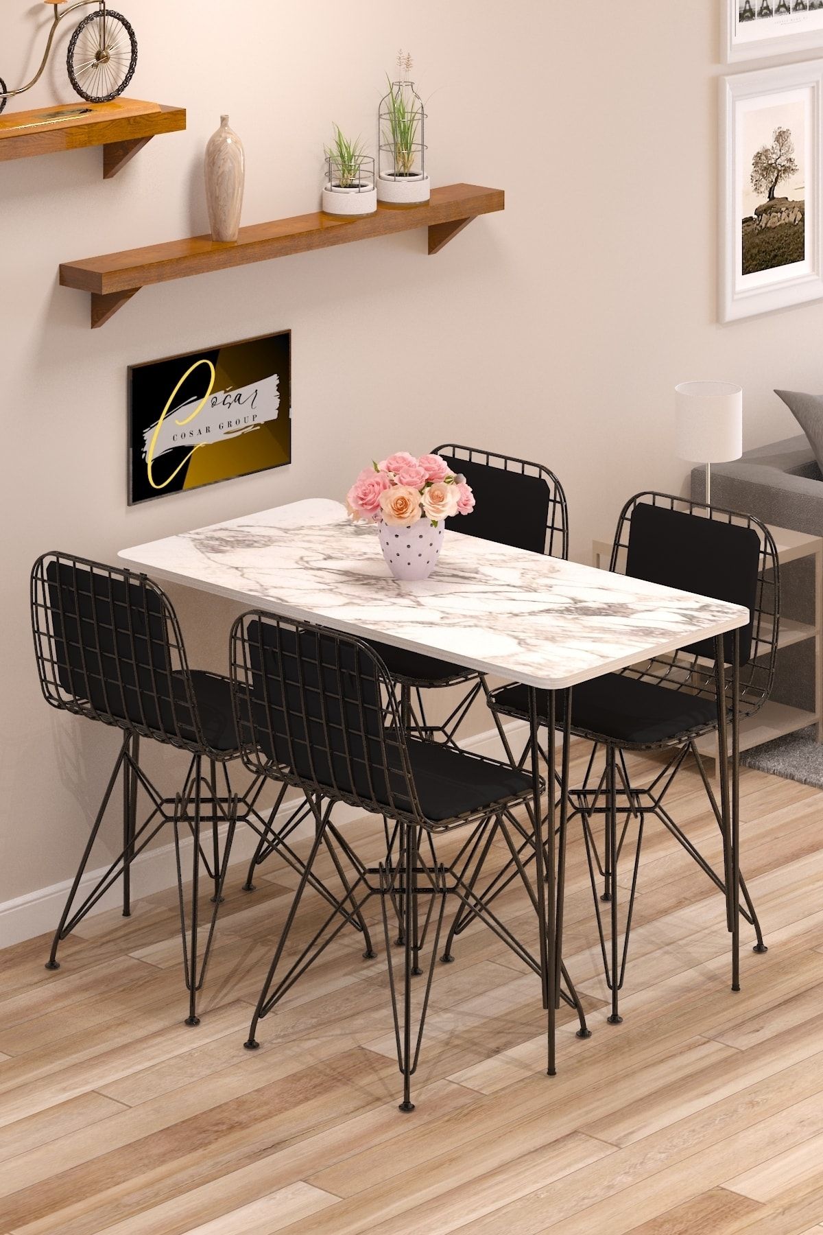 Cosargroup Yemek Masa Takımı Mutfak Masası Sırt Minderli 4 Adet Tel Sandalye 1 Adet Masa 60x120 Beyaz Gri