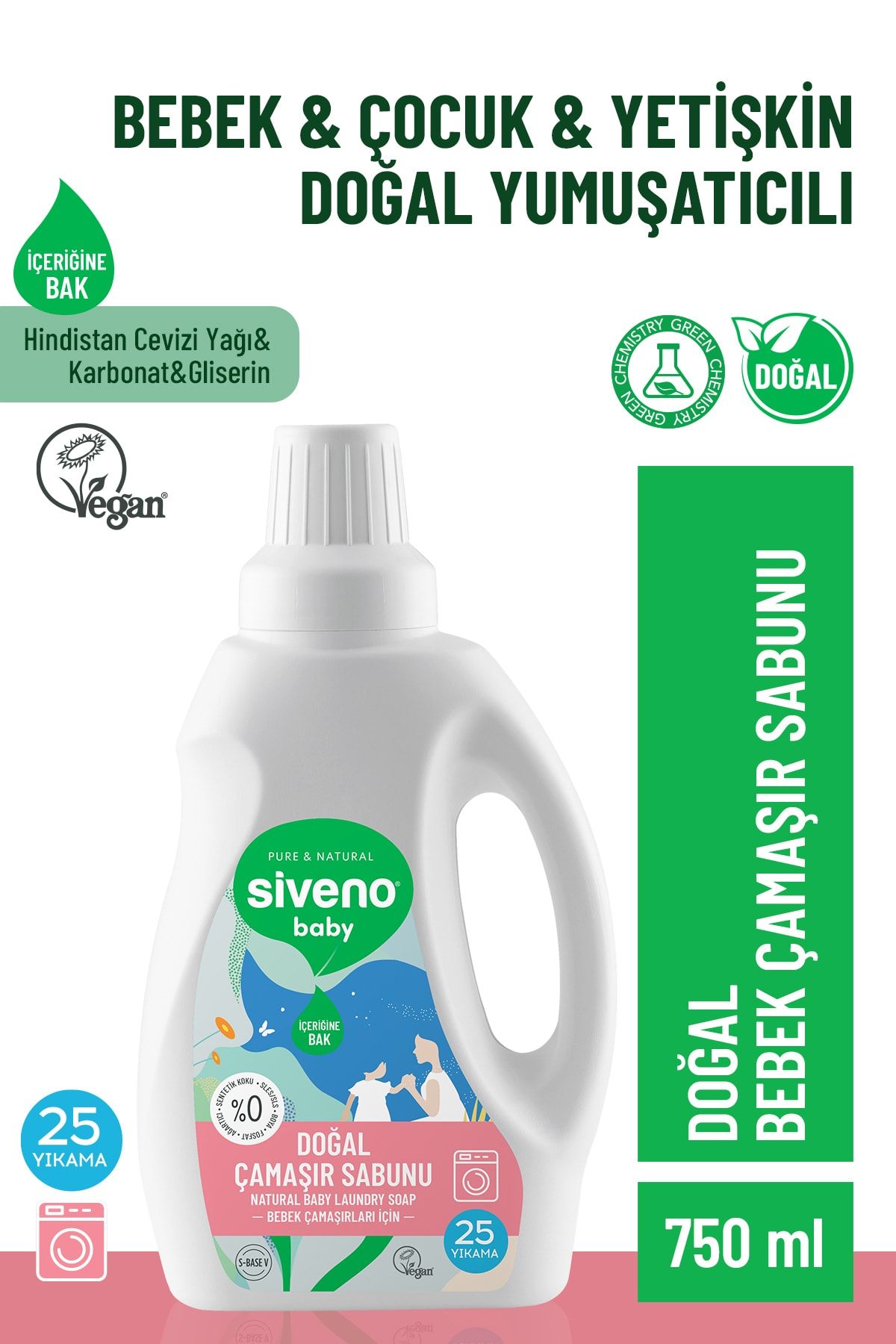 Siveno %100 Doğal Bebek Çamaşır Sabunu Kendinden Yumuşatıcılı Bitkisel Deterjan Konsantre Vegan 750 ml