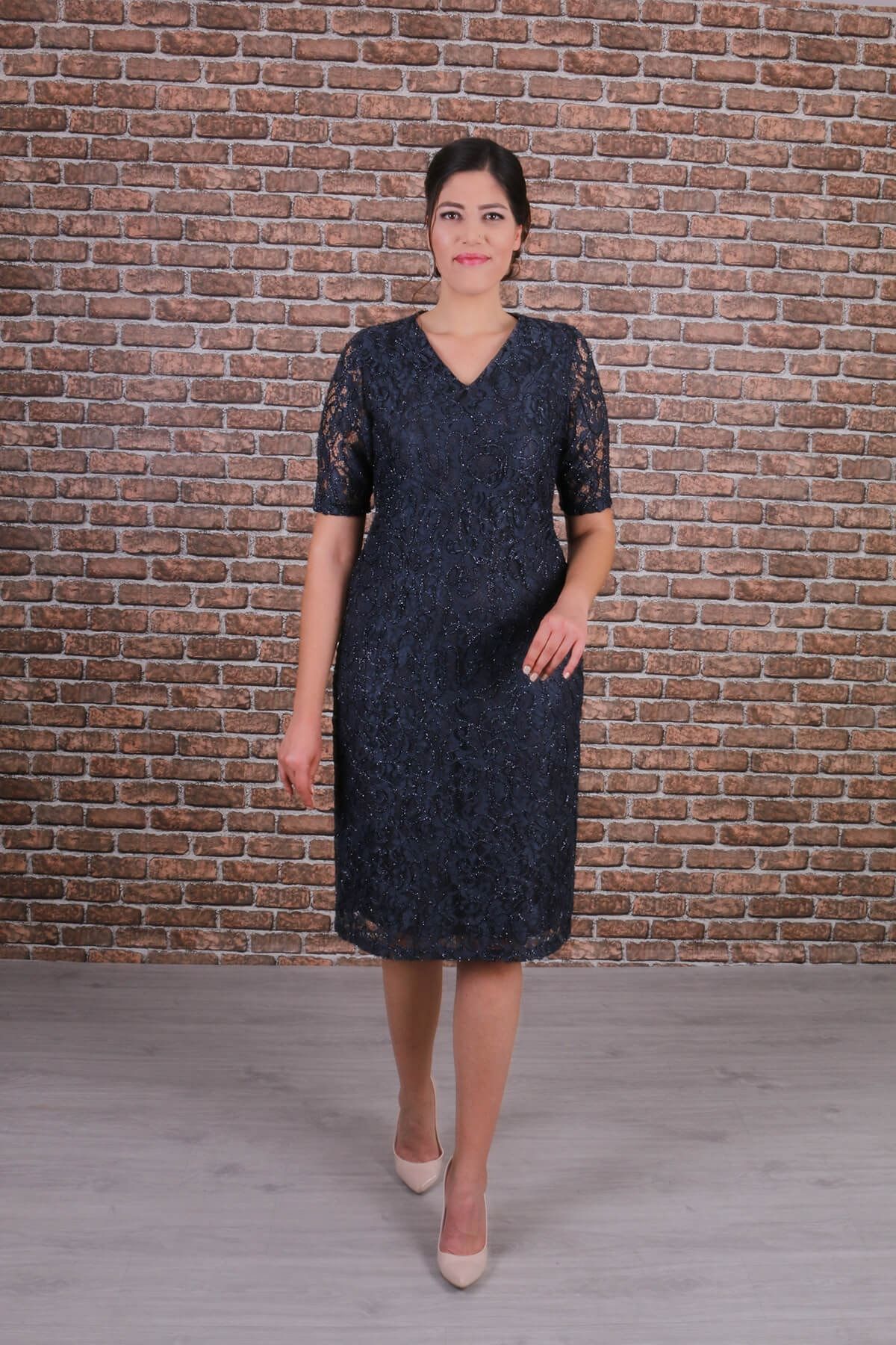 Nidya Moda Büyük Beden Kadın Antrasit Gri Dantel Elbise-4161g