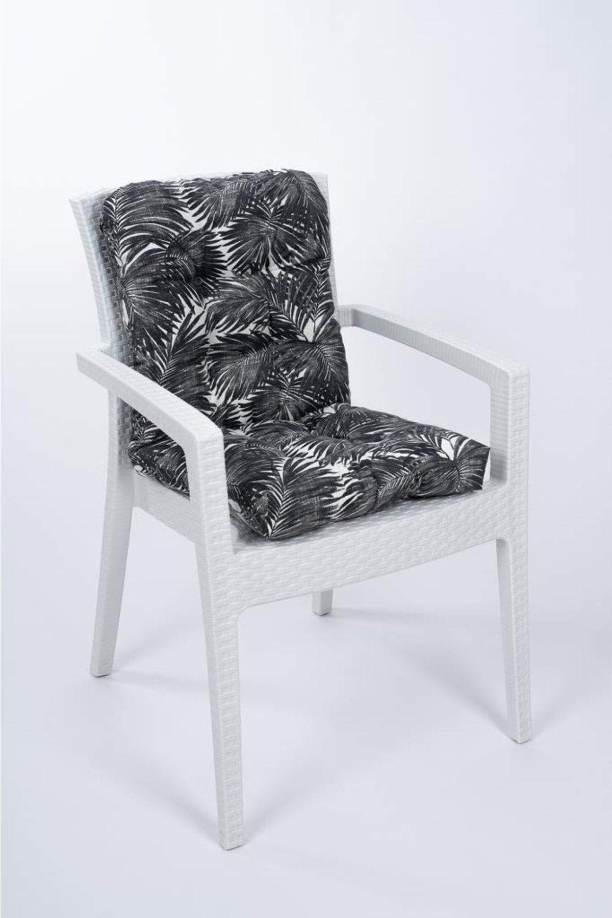 ALTINPAMUK Neva Pofidik Palmiye Siyah Arkalıklı Sandalye Minderi Özel Dikişli Bağcıklı 44x88 Cm