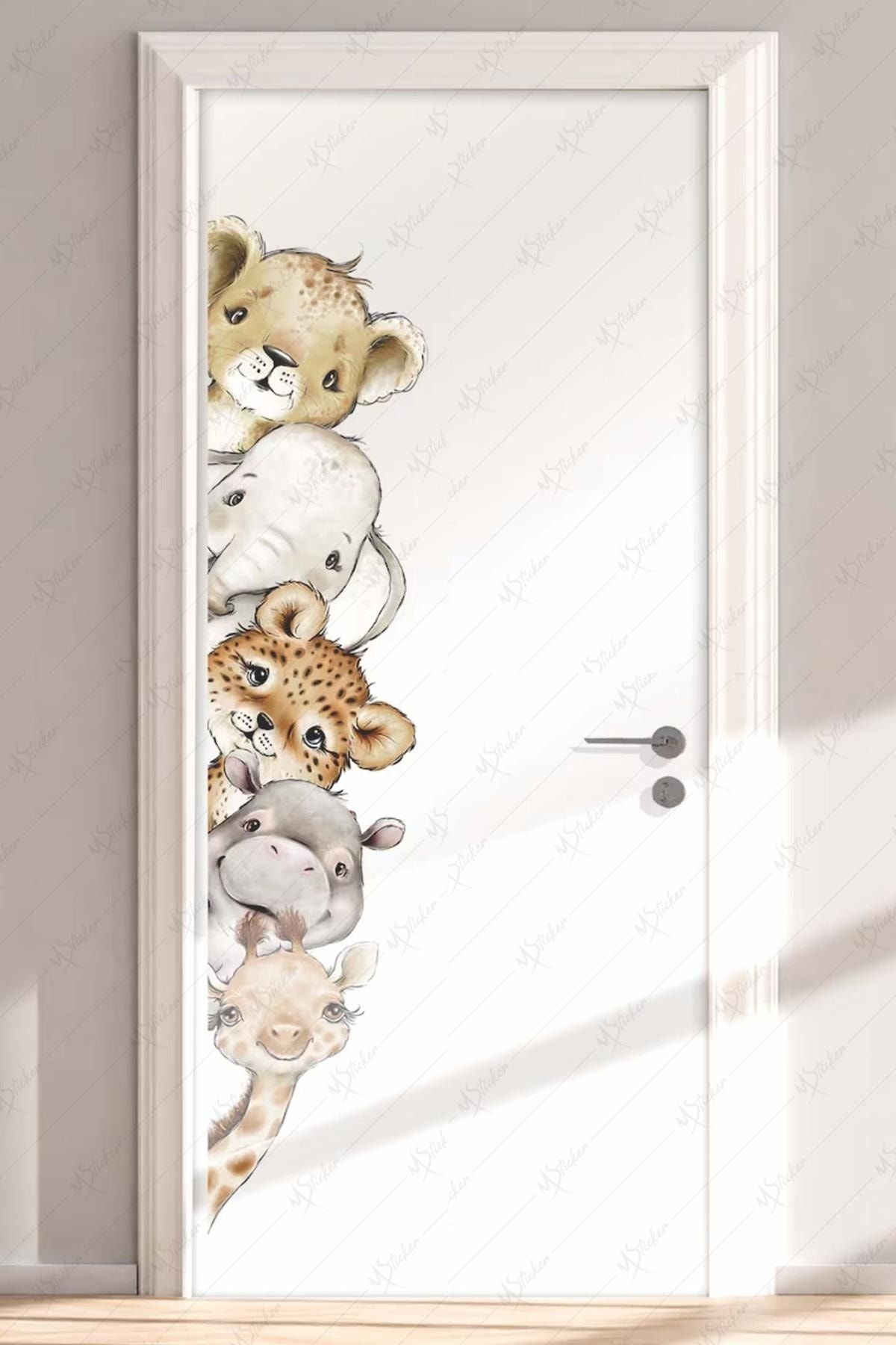 MSticker Safari Hayvanlar Temalı Kapı Sticker, Cam Duvar Dolap Bebek Odası Stickerı