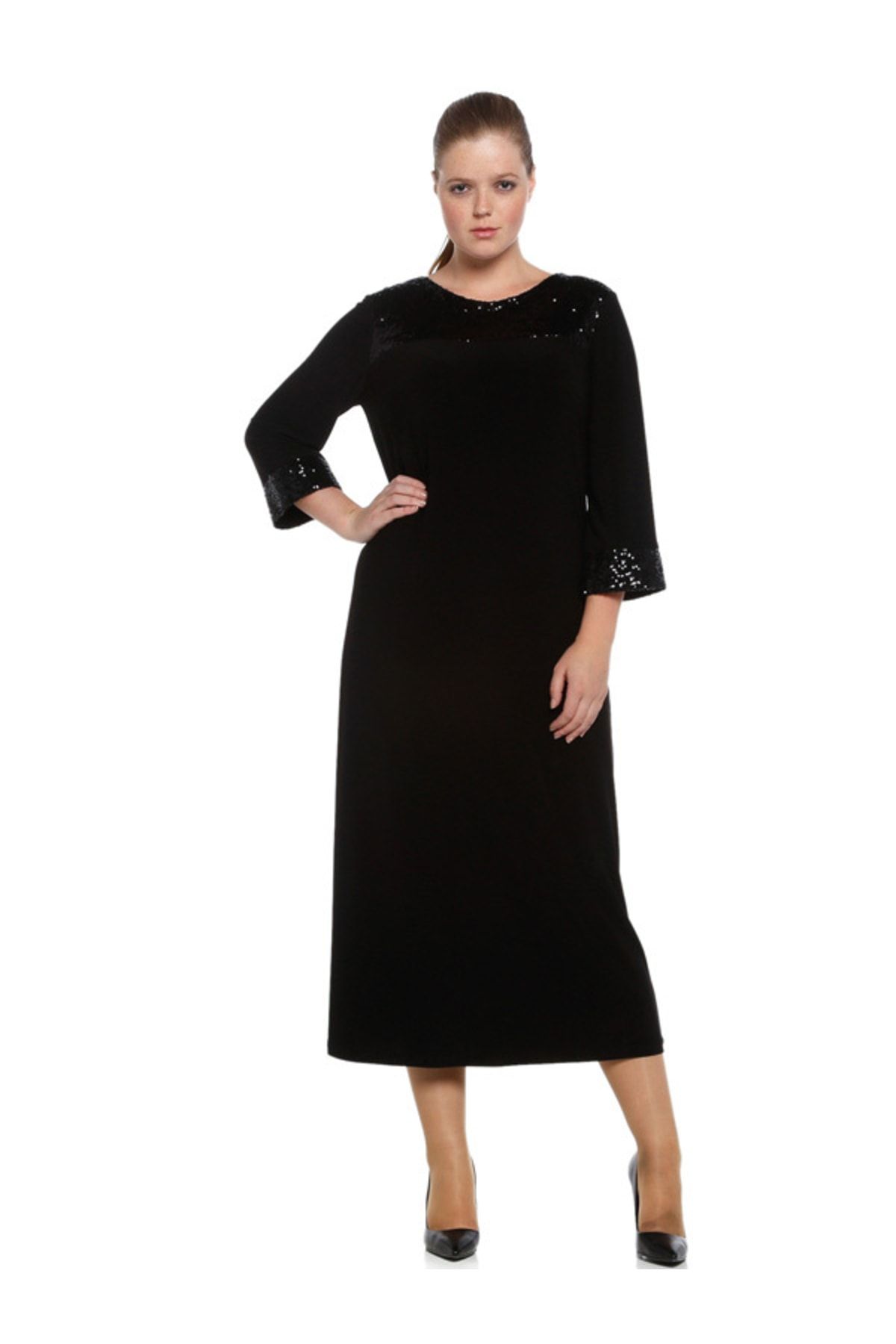 Nidya Moda Büyük Beden Siyah Roba Manşet Pullu Payet Abiye Elbise-4056s