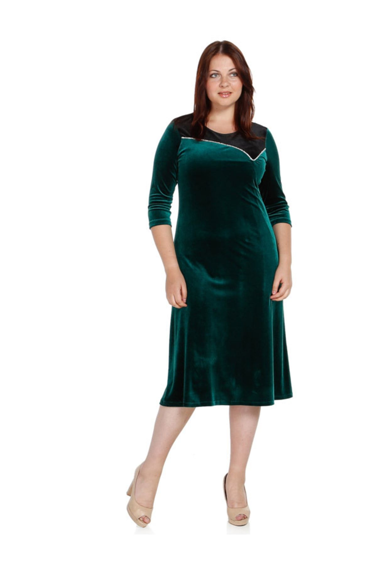 Nidya Moda Kadın Yeşil Taş Şerit Kadife Abiye Elbise 4073Y