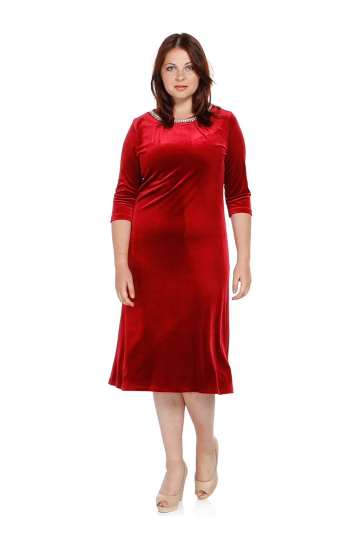 Nidya Moda Kadın Kırmızı İncili Kadife Abiye Elbise 4074K