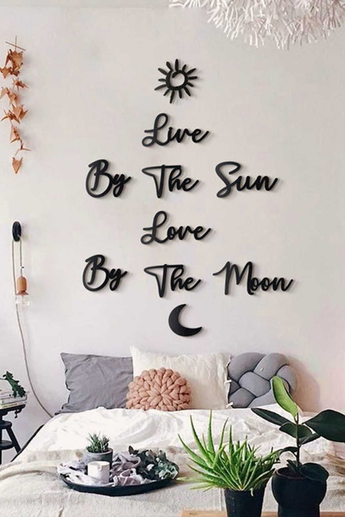 StorHome Siyah Ahşap Live By The Sun Love By The Moon Duvar Dekoru Salon Yatak Odası Için 90x80 Cm Tablo
