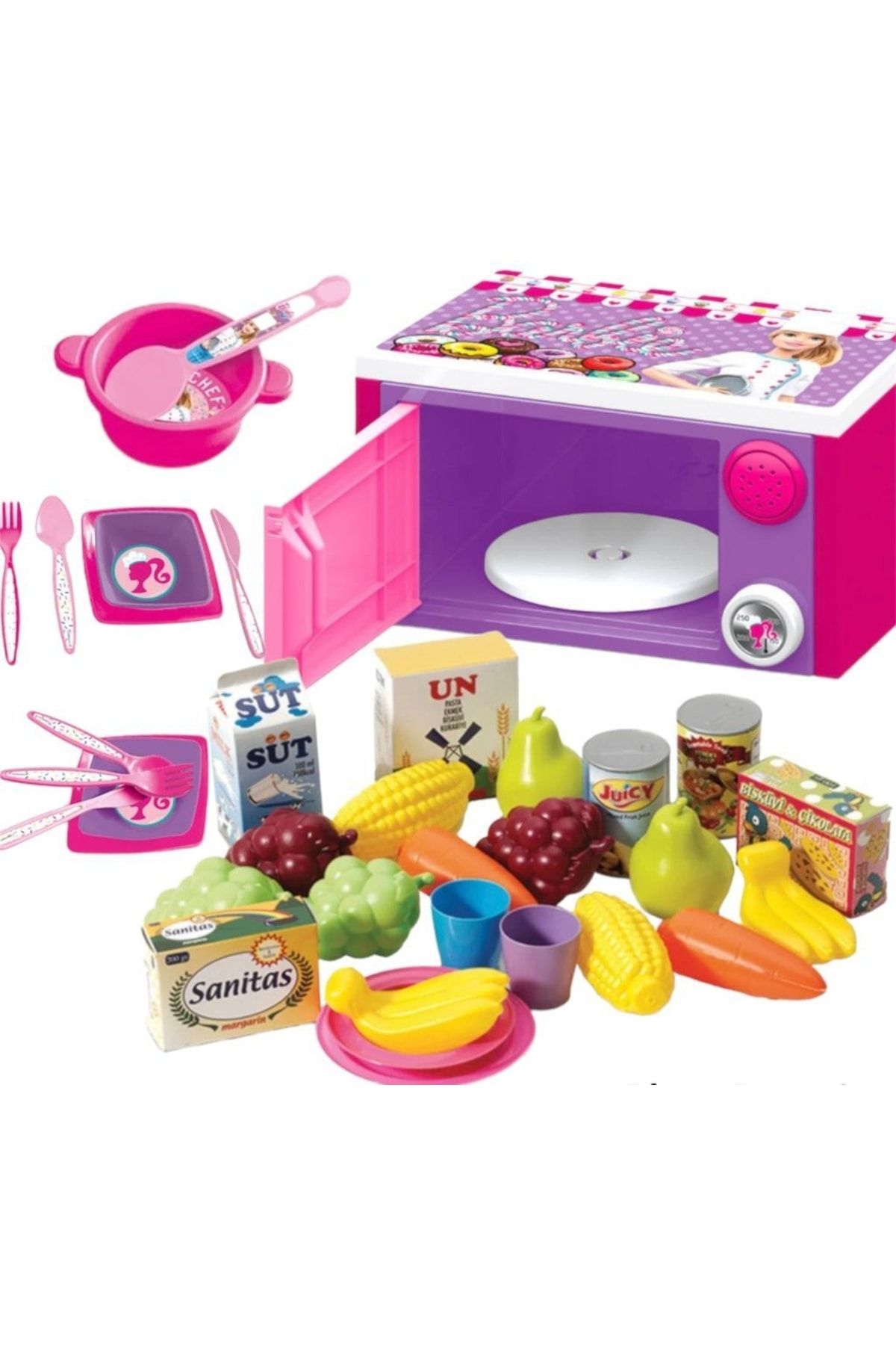 SAZE Pembe Barbie Mikrodalga Fırın Oyun Seti 21 Parça Filede Sebze Meyve Seti