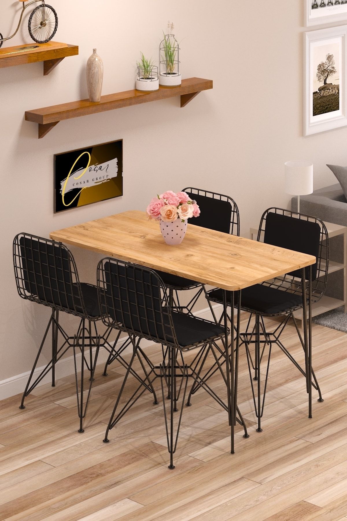 Cosargroup Yemek Masa Takımı Mutfak Masası Sırt Minderli 4 Adet Tel Sandalye 1 Adet Masa 60x120 Çam