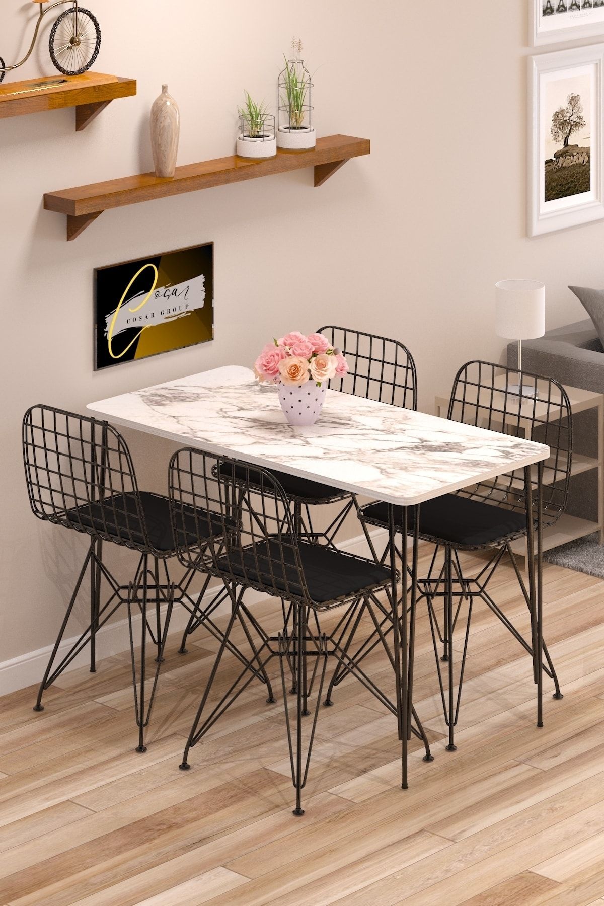 Cosargroup Yemek Masa Takımı Mutfak Masası Cafe Masası 4 Adet Tel Sandalye 1 Adet Masa 60x120 Beyaz Gri