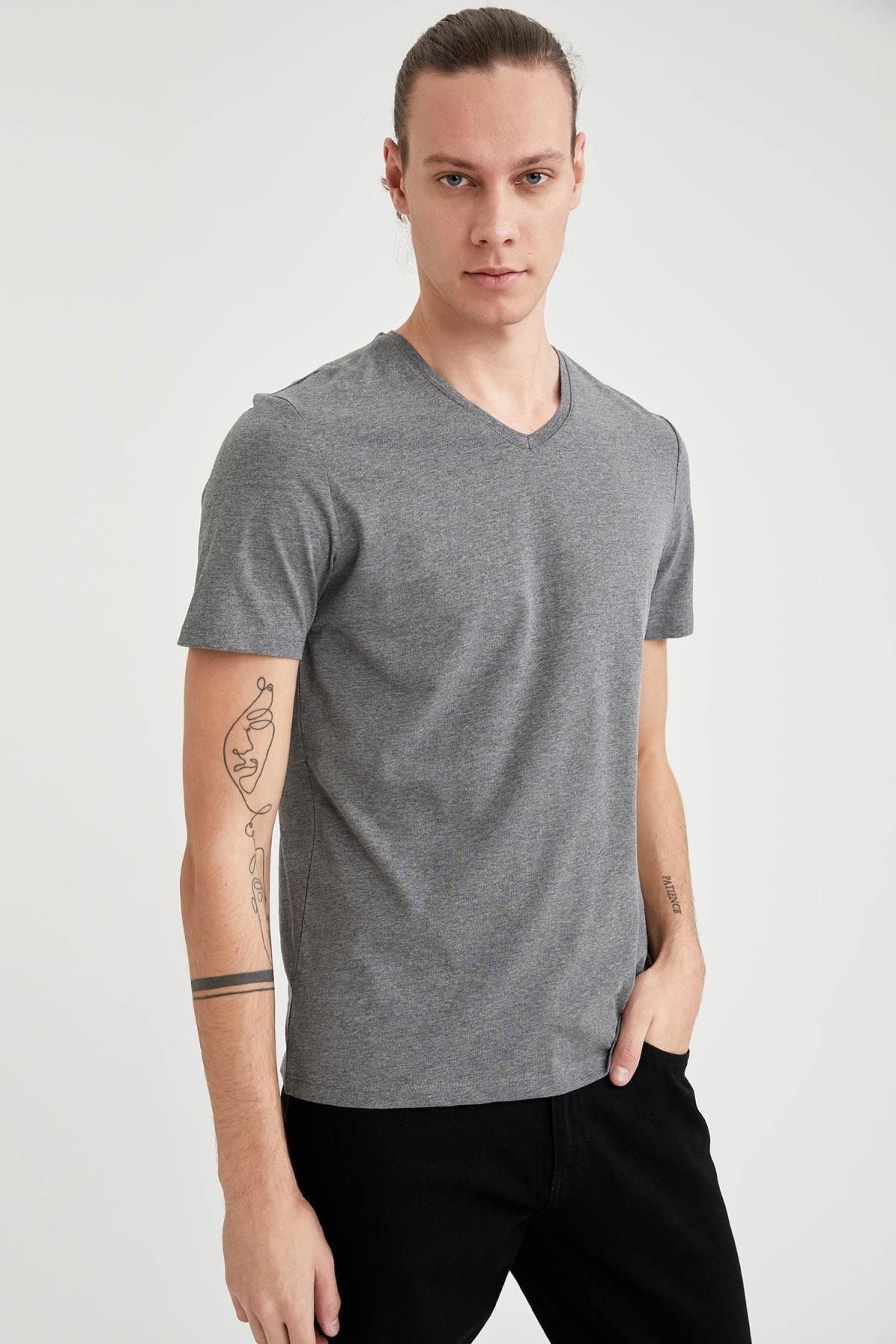 Defacto Slim Fit V Yaka Basic Antrasit Pamuklu Penye Tişört