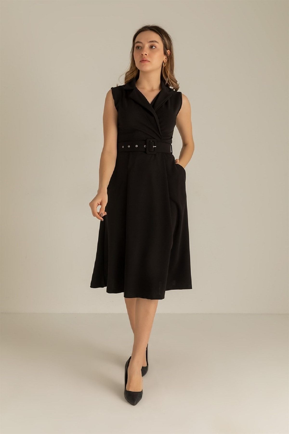 lovebox Kruvaze Yaka Kemer Detaylı Kolsuz Dizaltı Siyah Elbise Dks-012 59434