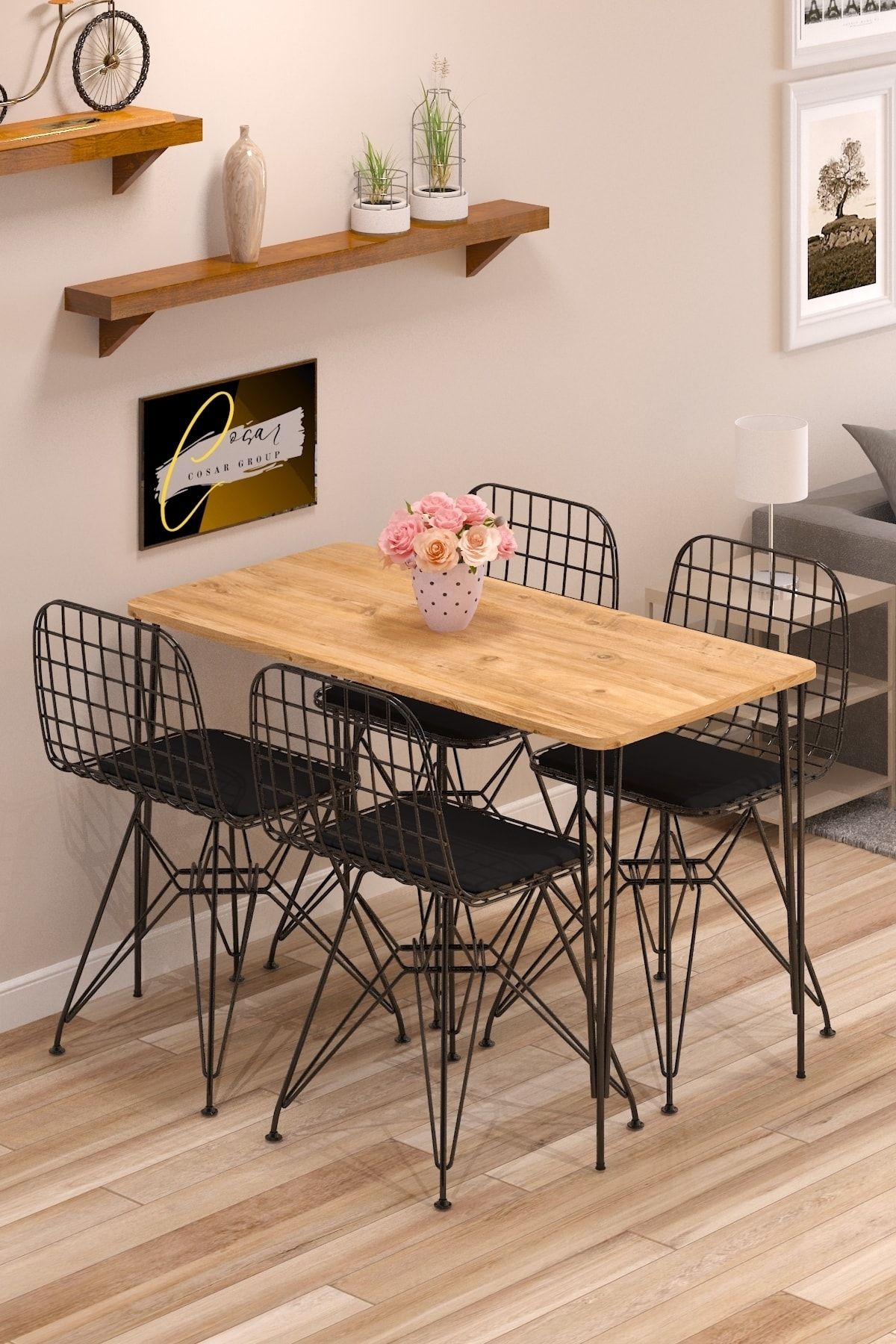Cosargroup Yemek Masa Takımı Mutfak Masası Cafe Masası 4 Adet Tel Sandalye 1 Adet Masa 60x120 Atlantik Çam