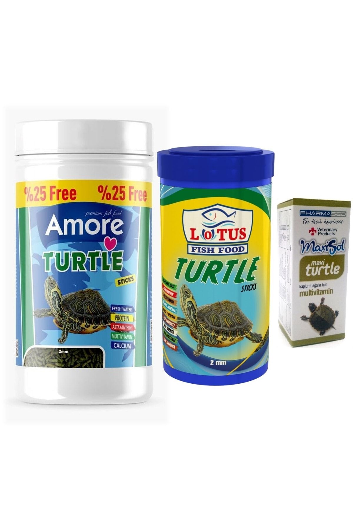 AMORE Turtle Green Sticks 125 Ml + Lotus 100 Ml Su Kaplumbağası Yemi Ve Vitamin Seti
