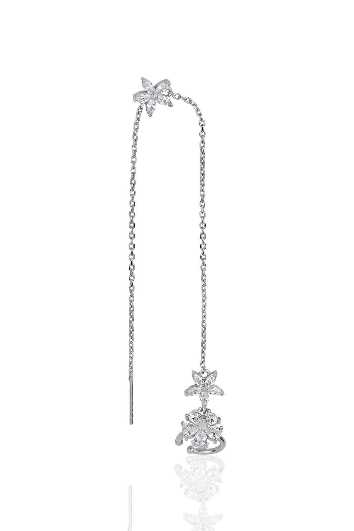 Söğütlü Silver Gümüş Rodyumlu Zirkon Taşlı Özel Tasarım Lotus Zincirli Kıkırdak Küpe