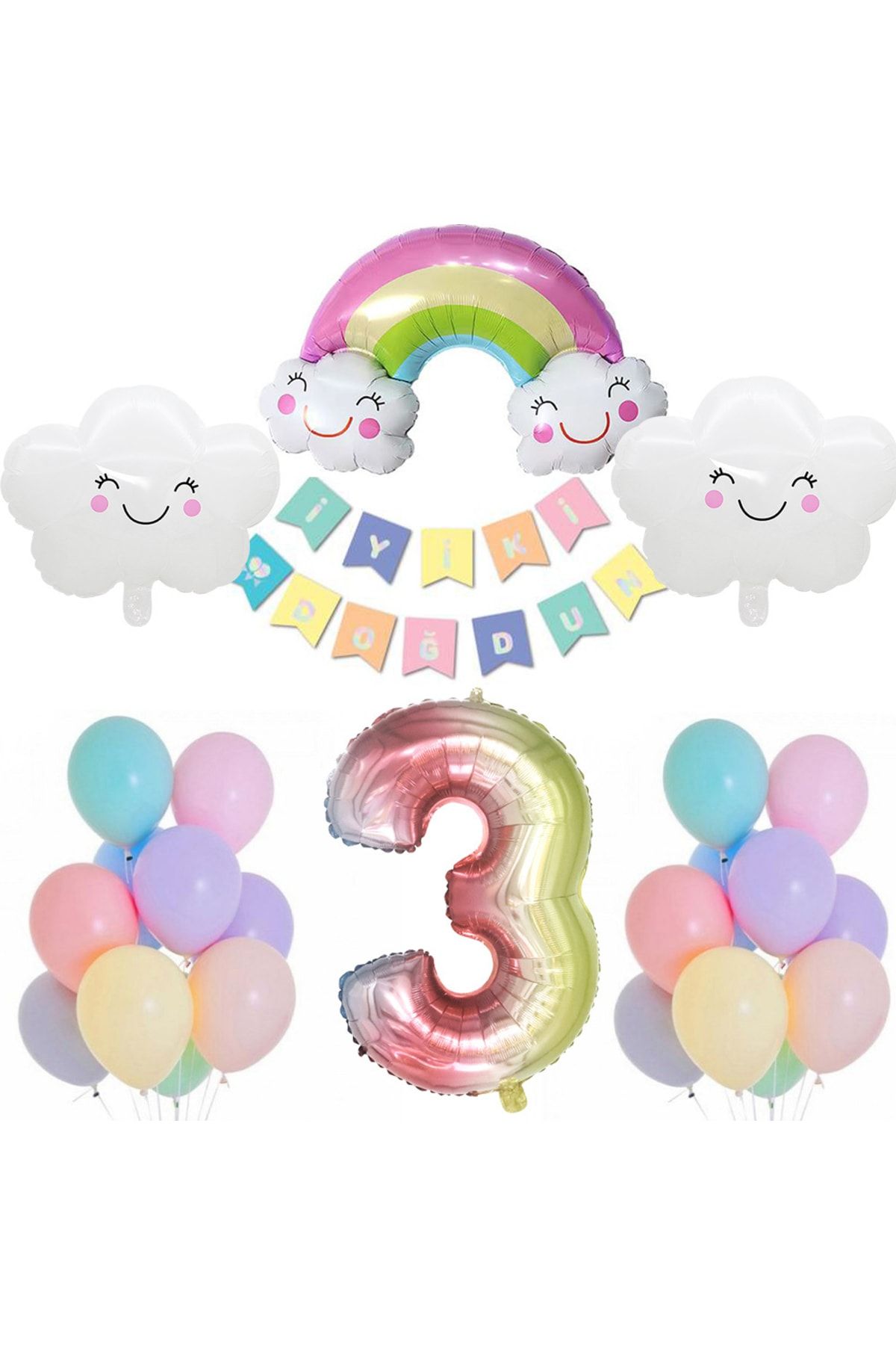 Patladı Gitti Gökkuşağı Bulut Konsepti 3 Yaş Doğum Günü Parti Kutlama Seti