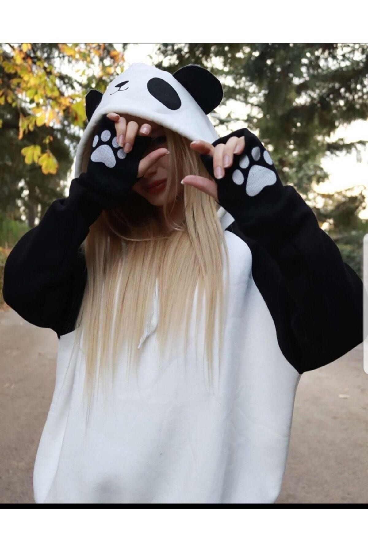 BROWSER Kadın Beyaz Siyah Panda Sweatshirt