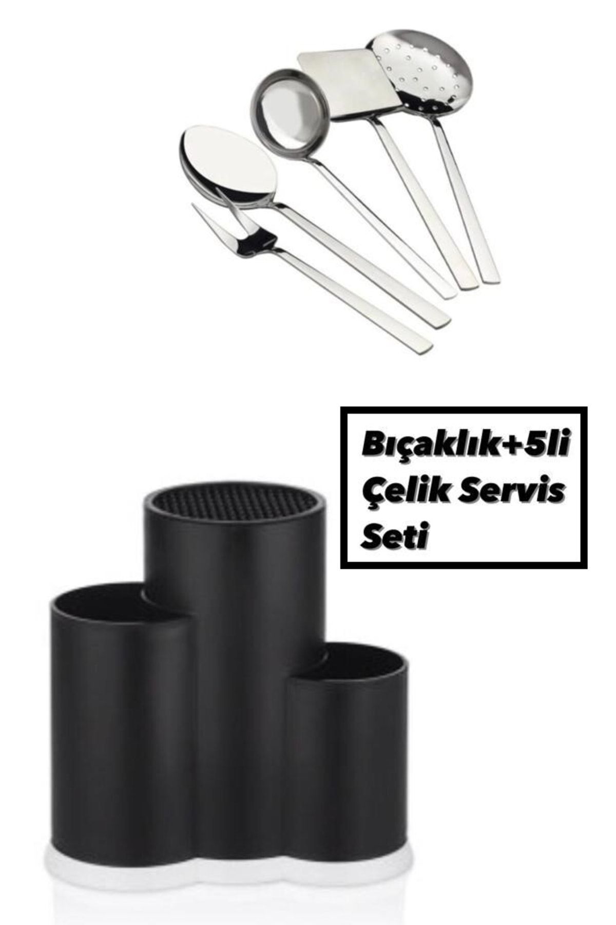 Bayev Siyah Tezgah Üstü Bölmeli Kaşık Bıçak Standı + 5 Li Çelik Düz Servis Seti Kepçe Kevgir Takımı