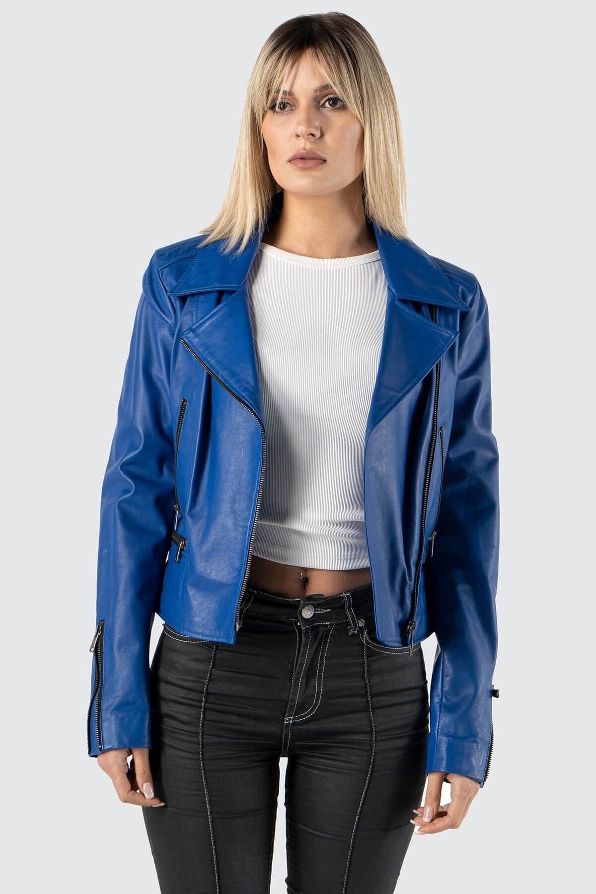Deriza Karina Kadın Hakiki Deri Mavi Ceket