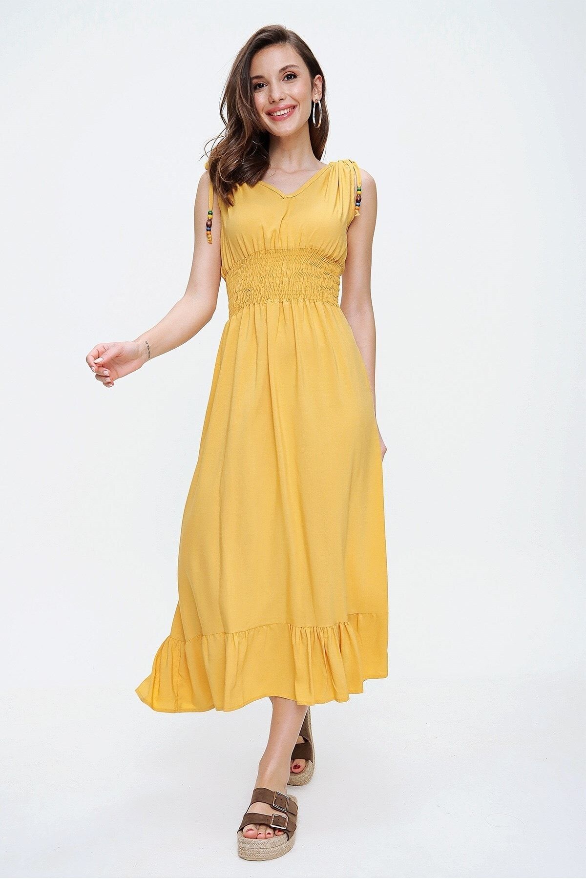 By Saygı Kadın Sarı Beli Lastikli Alt Fırfırlı Boncuklu Elbise S-20Y0250015