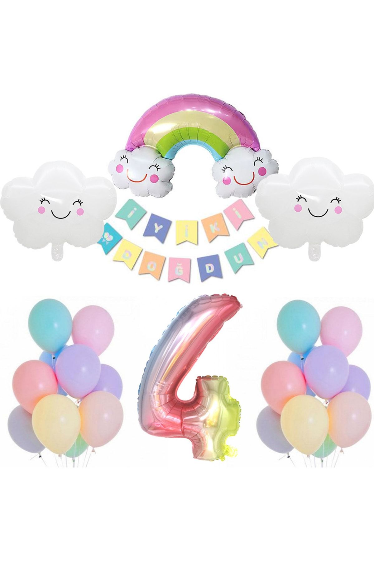 Patladı Gitti Gökkuşağı Bulut Konsepti 4 Yaş Doğum Günü Parti Kutlama Seti