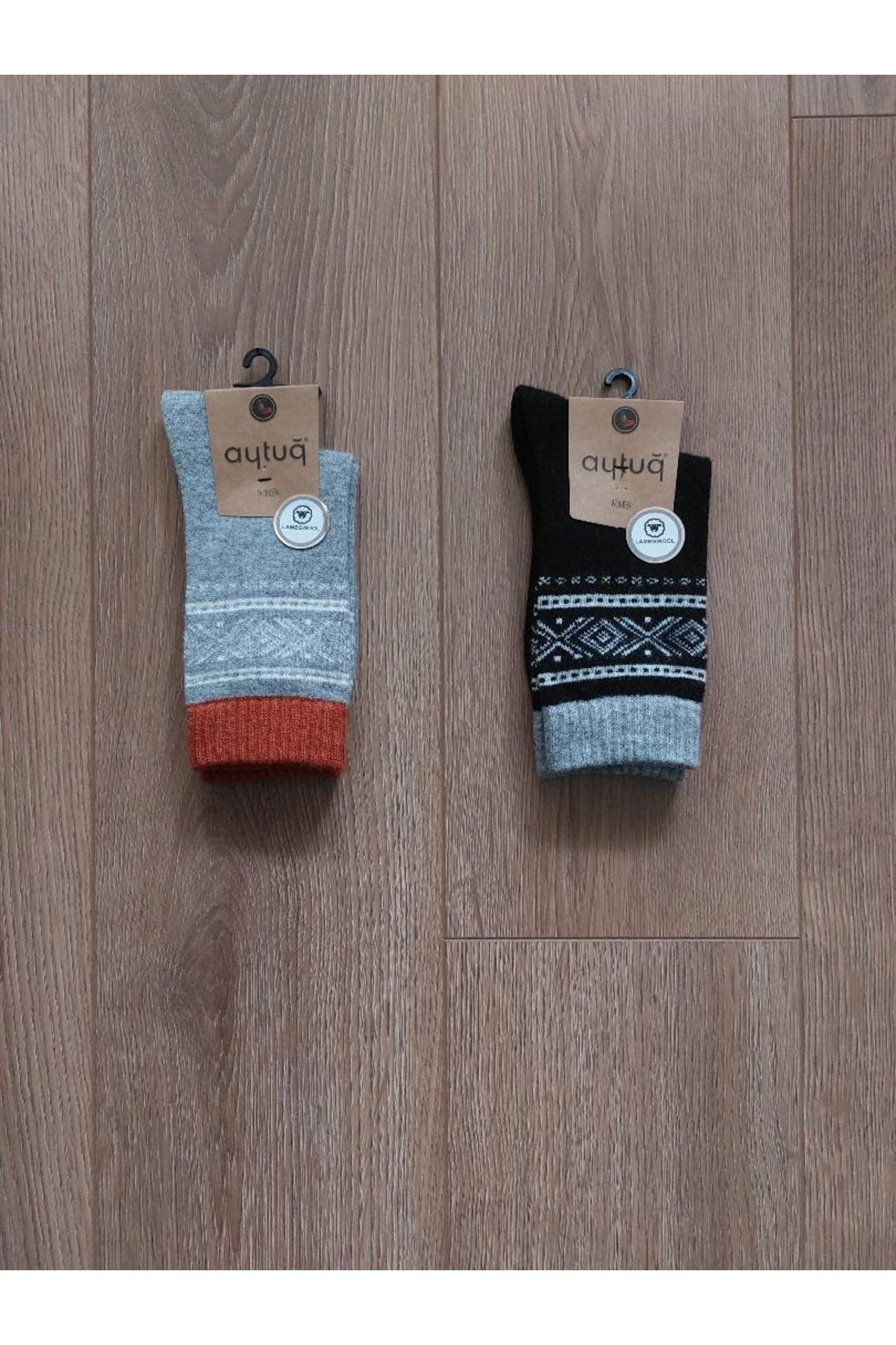 Aytuğ Kış Grubu 2 Çift Lambswool (siyah-gri) Desenli Soket Çorap- 45026