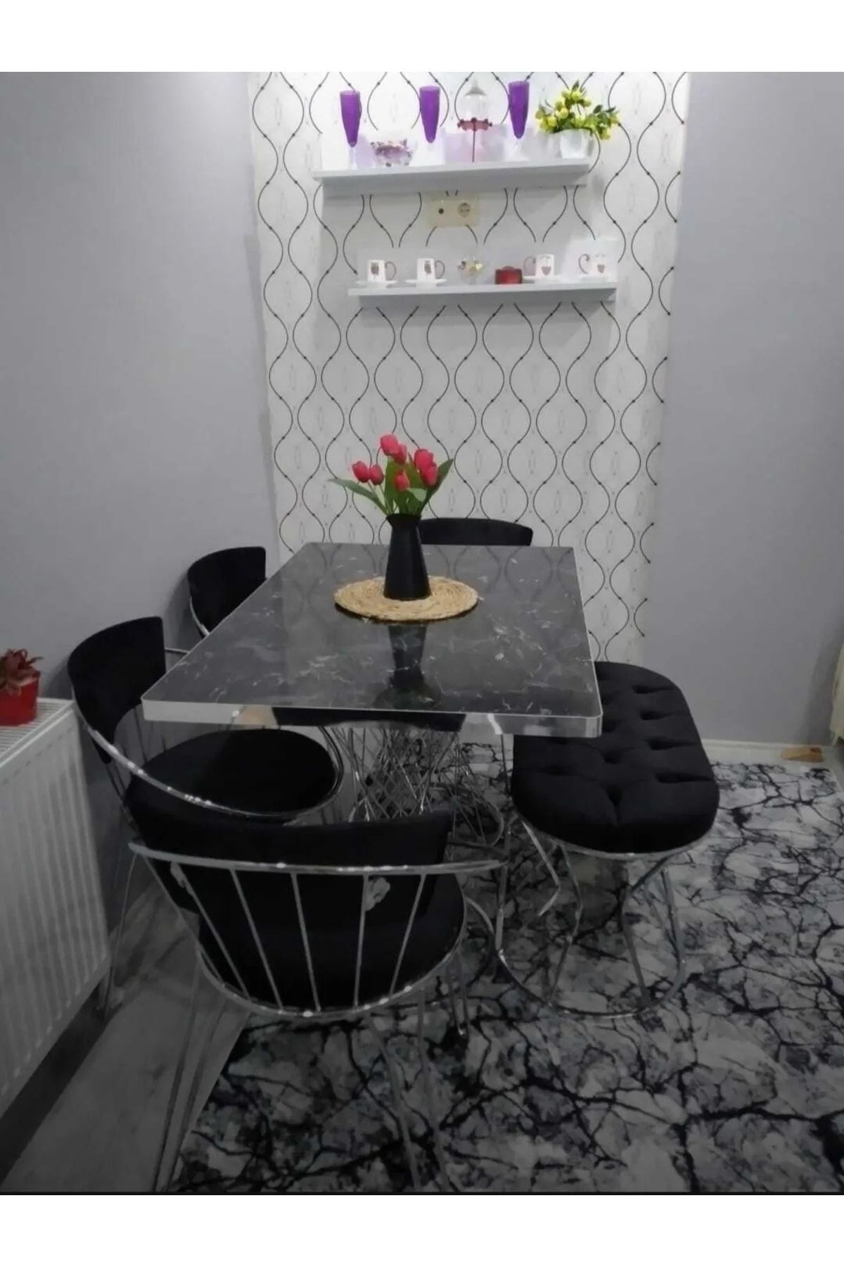 Ressa Home Milano Puflu Siyah Mermer Desenli Mutfak Masası Takımı-yemek Masa Takımı