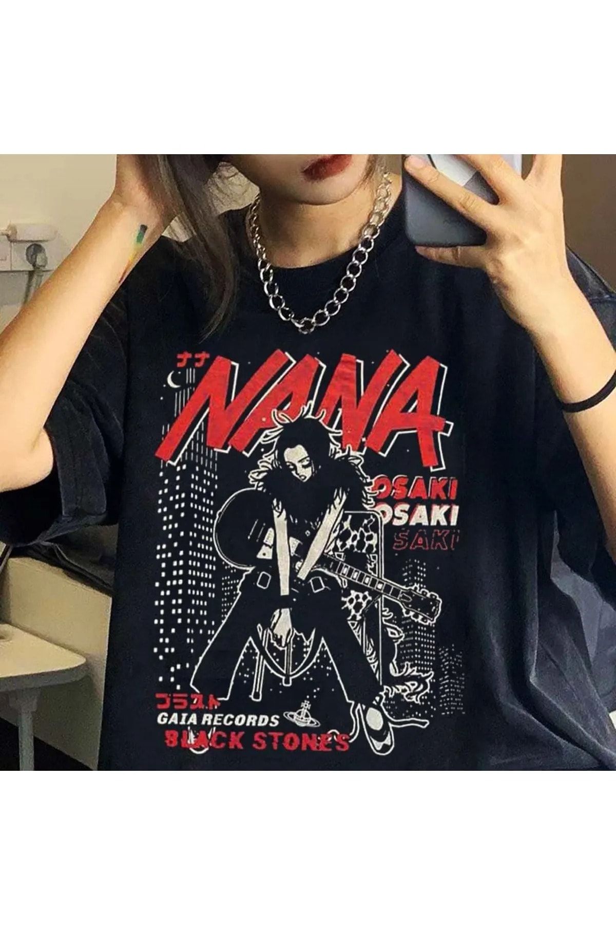 SARNİA Kadın Siyah Nana Osaki Baskı Oversize T-shirt