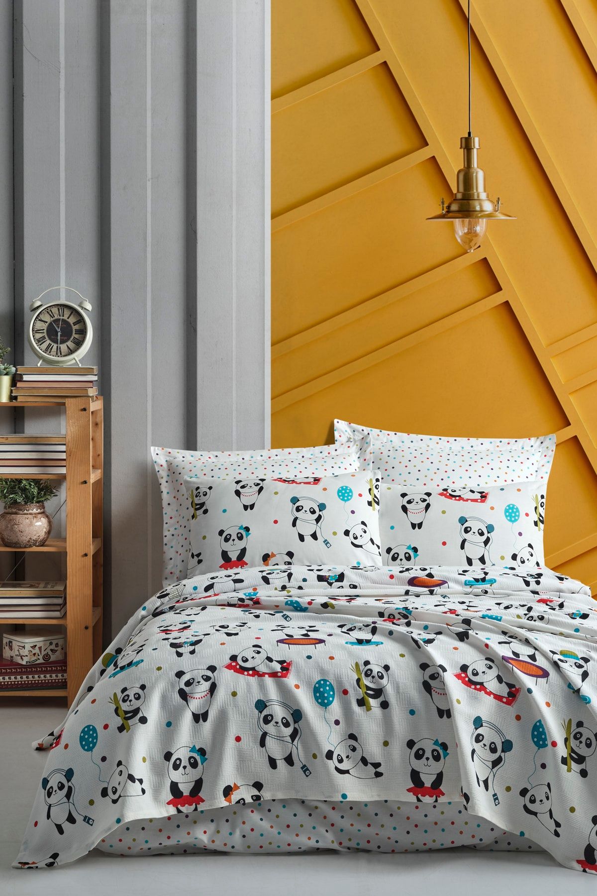 Enlora Home %100 Doğal Pamuk Pike Örtü Çift Kişilik Love Pandas Beyaz
