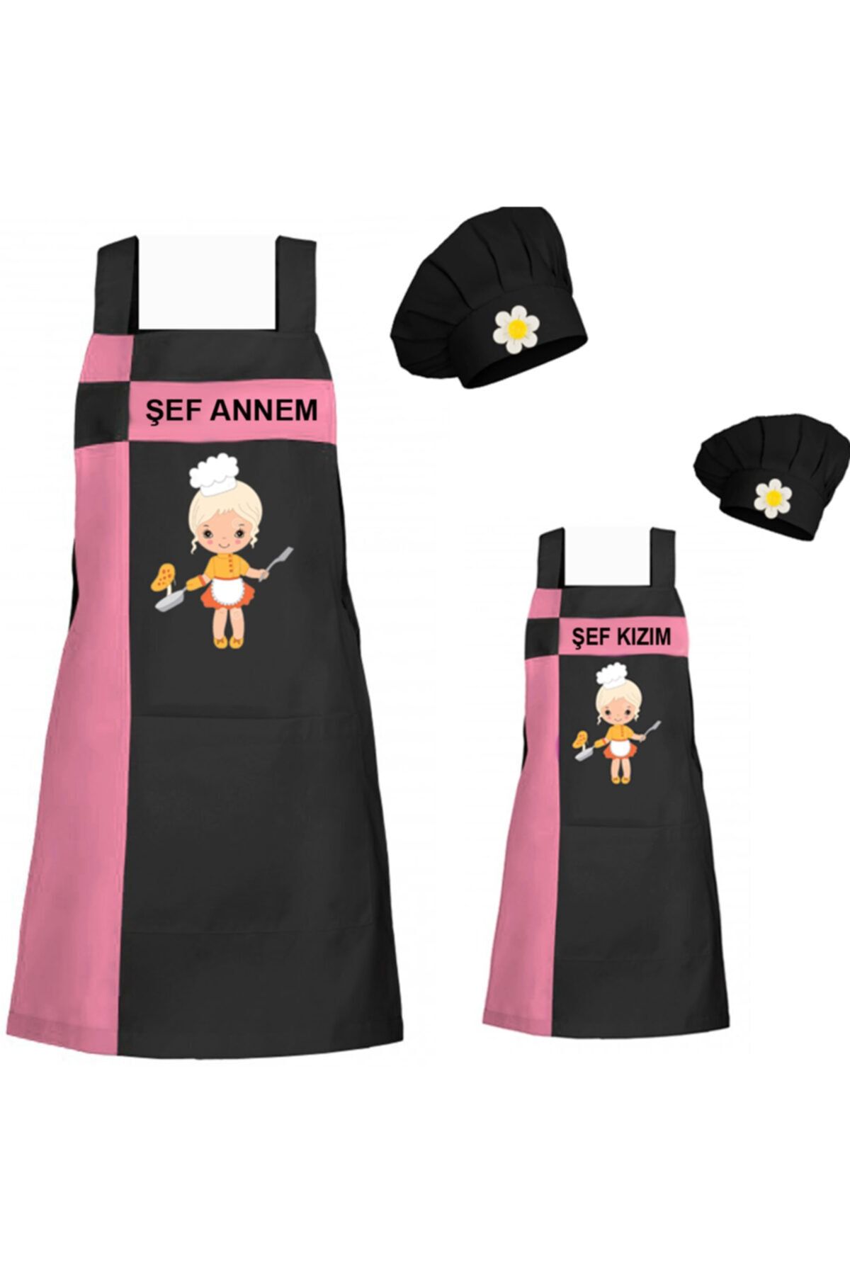 medusaforma Anne Kız Önlük Takım Çocuk Aşçı Kıyafeti Master Şef Mutfak Önlüğü Chef Şef Önlük Kombinleri - Pembe