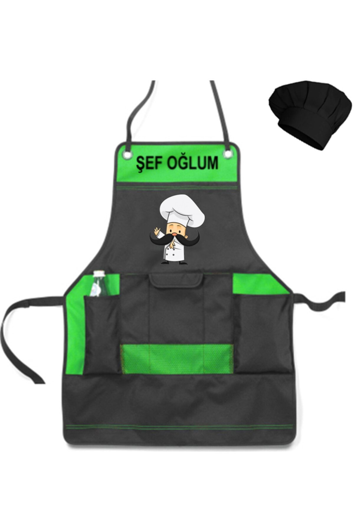 medusaforma Erkek Çocuk Aşçı Kıyafeti Master Şef Chef Çocuk Mutfak Önlüğü Kostüm Askılı Önlük - Yeşil