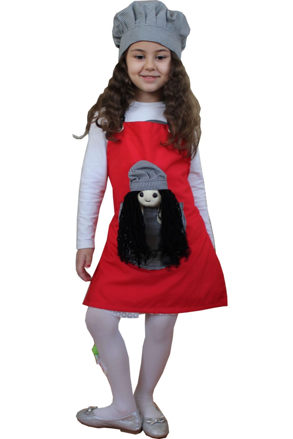 medusaforma Kız Çocuk Aşçı Kıyafeti Amigurumi Oyuncak Bebek Figürlü Askılı Mutfak Önlüğü ve Kep Takım - Kırmızı