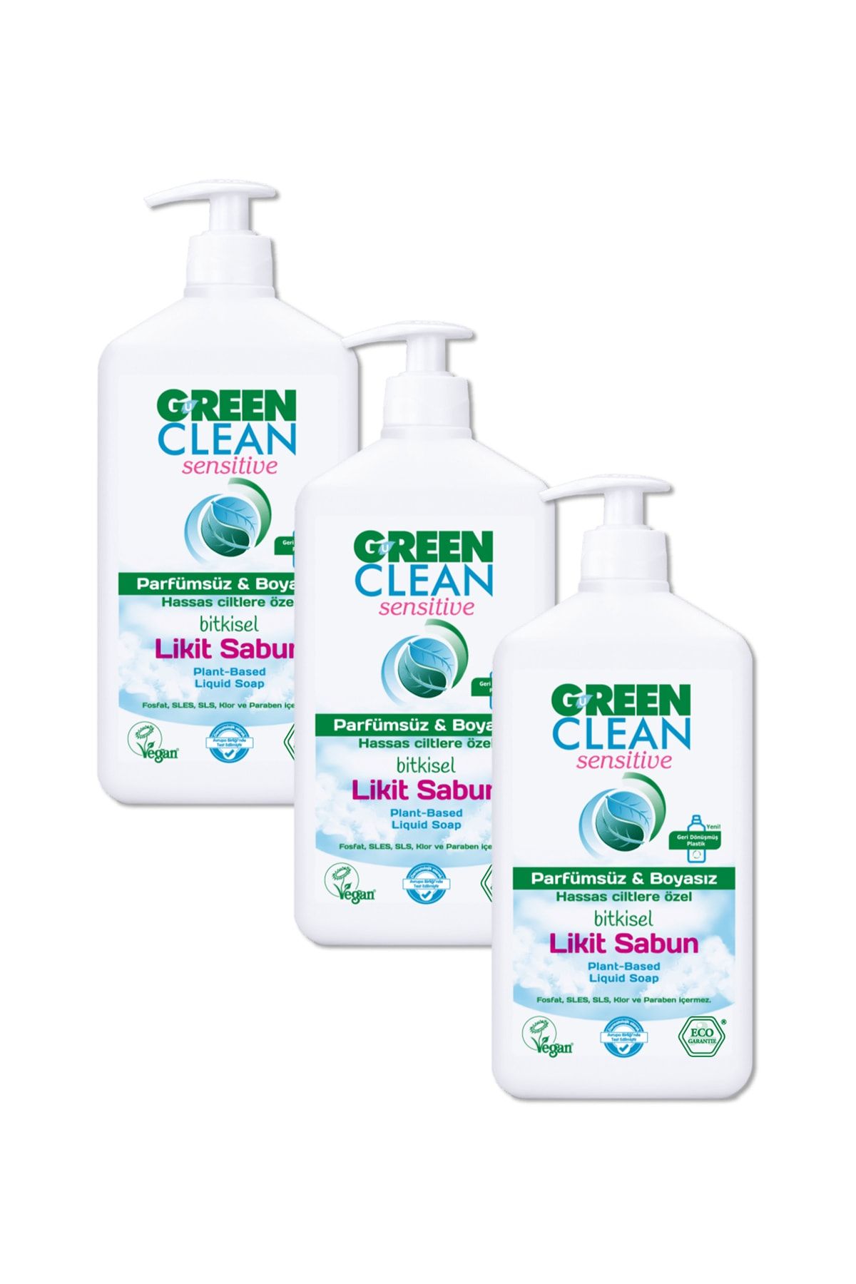 Green Clean Hassas Ve Alerjik Ciltlere Özel Parfümsüz  Boyasız Likit Sabun 500 ml 3'lü