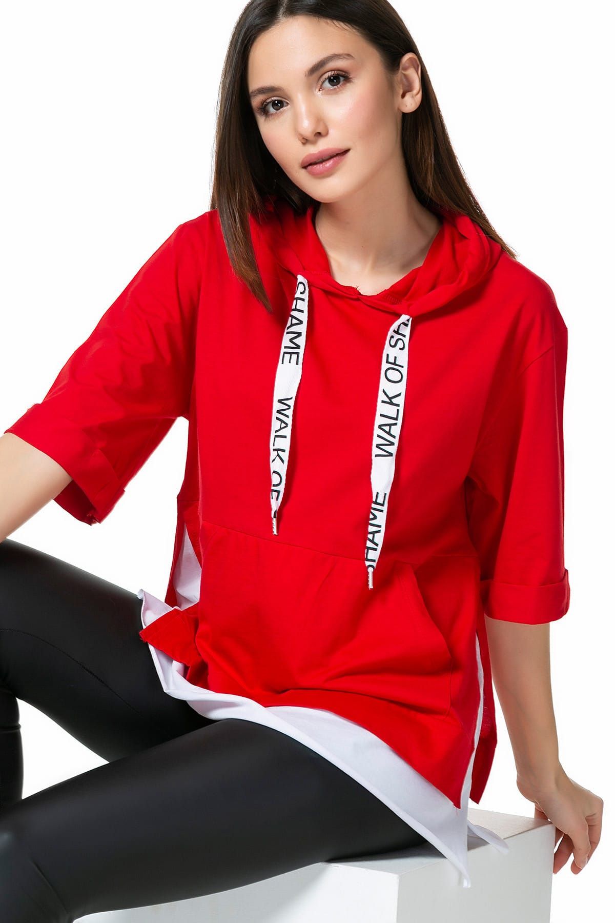 Sateen Kadın Kırmızı Tshirt Detay Kapüşonlu Sweat  9YSW529K102 9YSW529K102