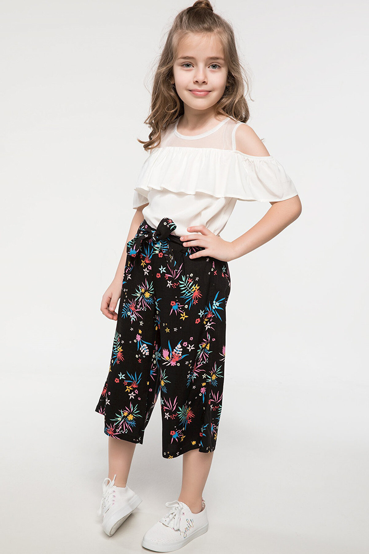 Defacto Kız Çocuk Kuşak Bağlama Detaylı Çiçek Desenli Pantolon